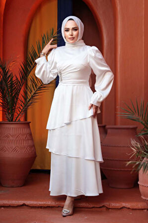 Kat Etekli Beyaz Tesettür Abiye Elbise 62291B