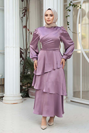 Kat Etekli Gül Kurusu Tesettür Abiye Elbise 62291GK