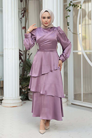 Kat Etekli Gül Kurusu Tesettür Abiye Elbise 62291GK