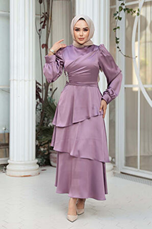 Kat Etekli Gül Kurusu Tesettür Abiye Elbise 62291GK