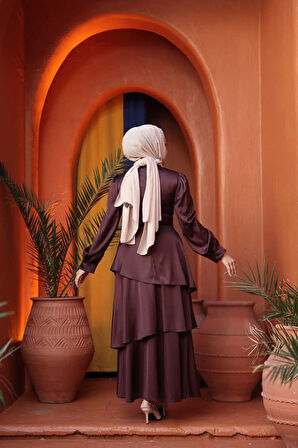 Kat Etekli Koyu Kahverengi Tesettür Abiye Elbise 62291KKH