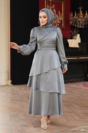 Kat Etekli Gri Tesettür Abiye Elbise 62291GR