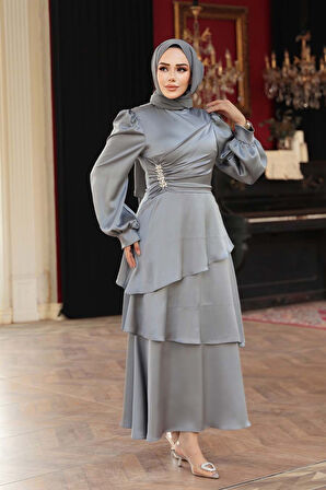 Kat Etekli Gri Tesettür Abiye Elbise 62291GR