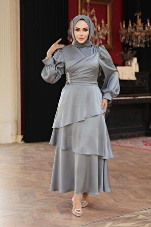 Kat Etekli Gri Tesettür Abiye Elbise 62291GR