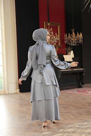 Kat Etekli Gri Tesettür Abiye Elbise 62291GR