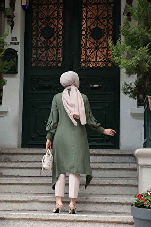 Asimetrik Detaylı Haki Tesettür Tunik 615HK