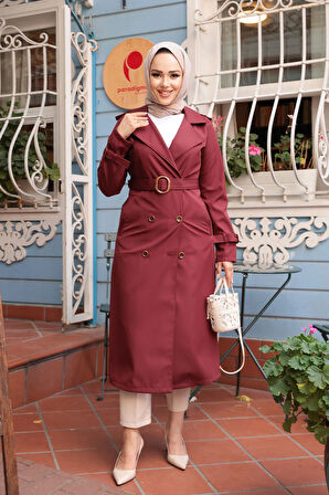 Tokalı Kemerli Bordo Tesettür Trençkot 5942BR
