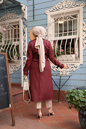 Tokalı Kemerli Bordo Tesettür Trençkot 5942BR