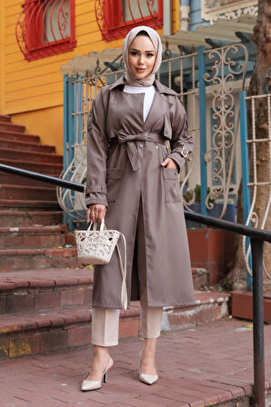 Kemerli Koyu Vizon Tesettür Trençkot 10701KV