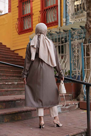 Kemerli Koyu Vizon Tesettür Trençkot 10701KV