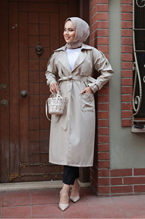 Kemerli Bej Tesettür Trençkot 10701BEJ