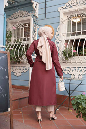 Düğmeli Bordo Tesettür Trençkot 6103BR