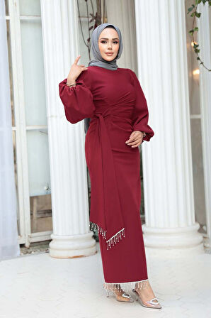 Balon Kol Bordo Tesettür Abiye Elbise 62251BR