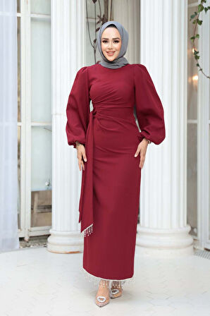 Balon Kol Bordo Tesettür Abiye Elbise 62251BR
