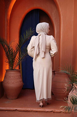 Balon Kol Bej Tesettür Abiye Elbise 62251BEJ