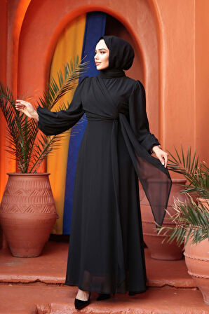 Bağlama Detaylı Siyah Tesettür Abiye Elbise 62261S
