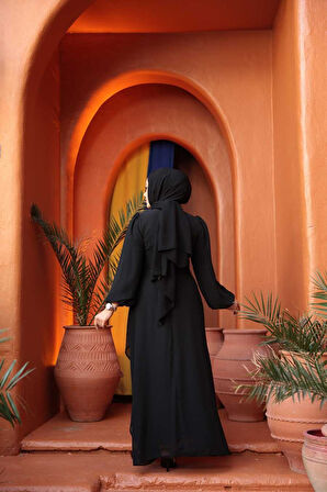 Bağlama Detaylı Siyah Tesettür Abiye Elbise 62261S