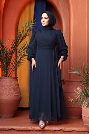 Bağlama Detaylı Lacivert Tesettür Abiye Elbise 62261L