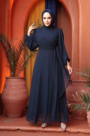 Bağlama Detaylı Lacivert Tesettür Abiye Elbise 62261L