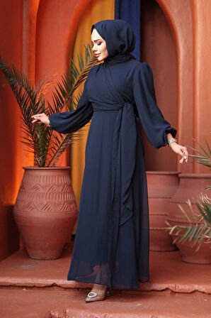Bağlama Detaylı Lacivert Tesettür Abiye Elbise 62261L