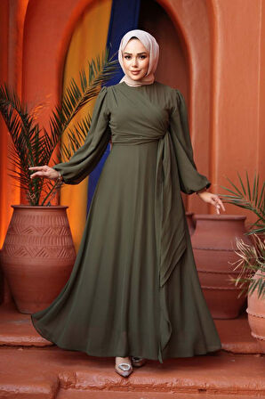 Bağlama Detaylı Haki Tesettür Abiye Elbise 62261HK