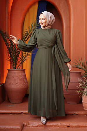 Bağlama Detaylı Haki Tesettür Abiye Elbise 62261HK