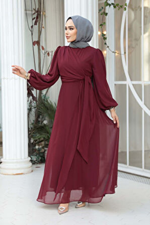 Bağlama Detaylı Bordo Tesettür Abiye Elbise 62261BR