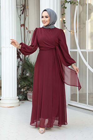 Bağlama Detaylı Bordo Tesettür Abiye Elbise 62261BR