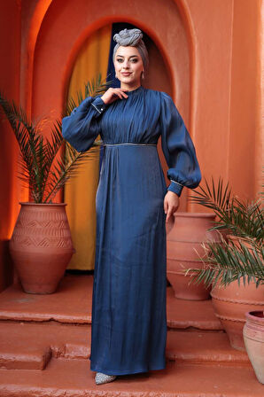 Balon Kol Lacivert Tesettür Abiye Elbise 62312L