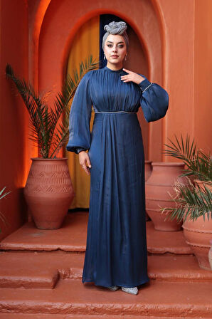 Balon Kol Lacivert Tesettür Abiye Elbise 62312L