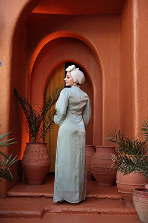 Balon Kol Mint Tesettür Abiye Elbise 62312MINT