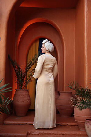 Balon Kol Bej Tesettür Abiye Elbise 62312BEJ