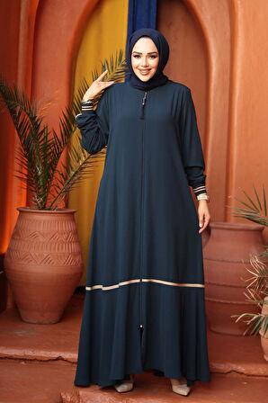 Fermuarlı Petrol Mavisi Tesettür Ferace 26212PM