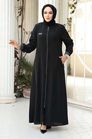 Fermuarlı Siyah Tesettür Ferace 26371S