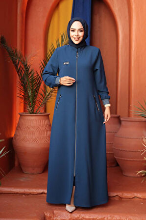 Fermuarlı İndigo Mavisi Tesettür Ferace 26371IM