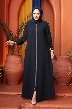 Fermuarlı Lacivert Tesettür Ferace 26381L