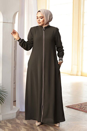 Fermuarlı Haki Tesettür Ferace 26381HK
