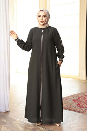 Fermuarlı Koyu Haki Tesettür Ferace 26381KHK