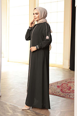 Fermuarlı Koyu Haki Tesettür Ferace 26381KHK