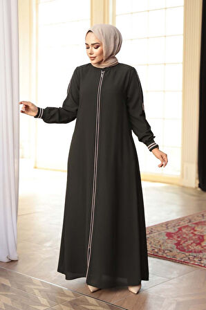 Fermuarlı Koyu Haki Tesettür Ferace 26381KHK