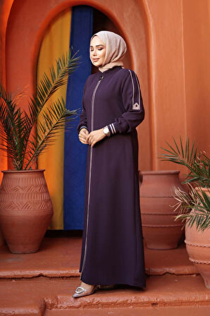 Fermuarlı Mürdüm Tesettür Ferace 26381MU