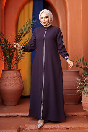 Fermuarlı Mürdüm Tesettür Ferace 26381MU