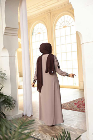 Fermuarlı Koyu Bej Tesettür Ferace 26381KBEJ