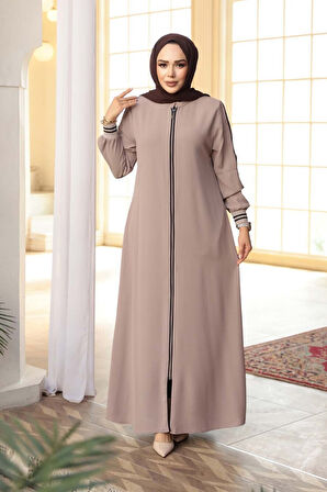 Fermuarlı Koyu Bej Tesettür Ferace 26381KBEJ