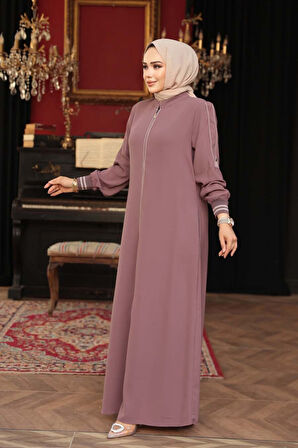 Fermuarlı Gül Kurusu Tesettür Ferace 26381GK