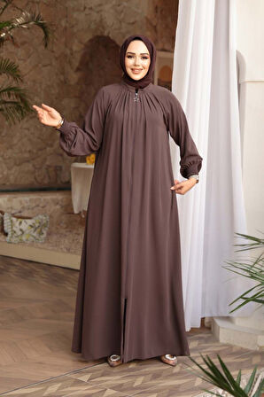 Fermuarlı Kahverengi Tesettür Ferace 45293KH