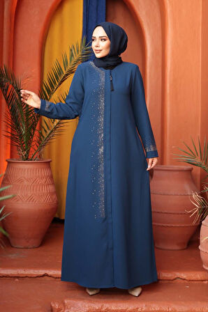 Boncuk Detaylı İndigo Mavisi Tesettür Abaya 26331IM