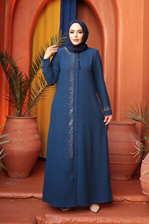 Boncuk Detaylı İndigo Mavisi Tesettür Abaya 26331IM