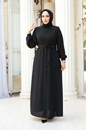 Kemerli Siyah Tesettür Ferace 26391S