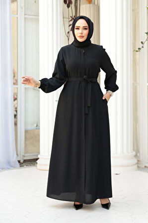 Kemerli Siyah Tesettür Ferace 26391S